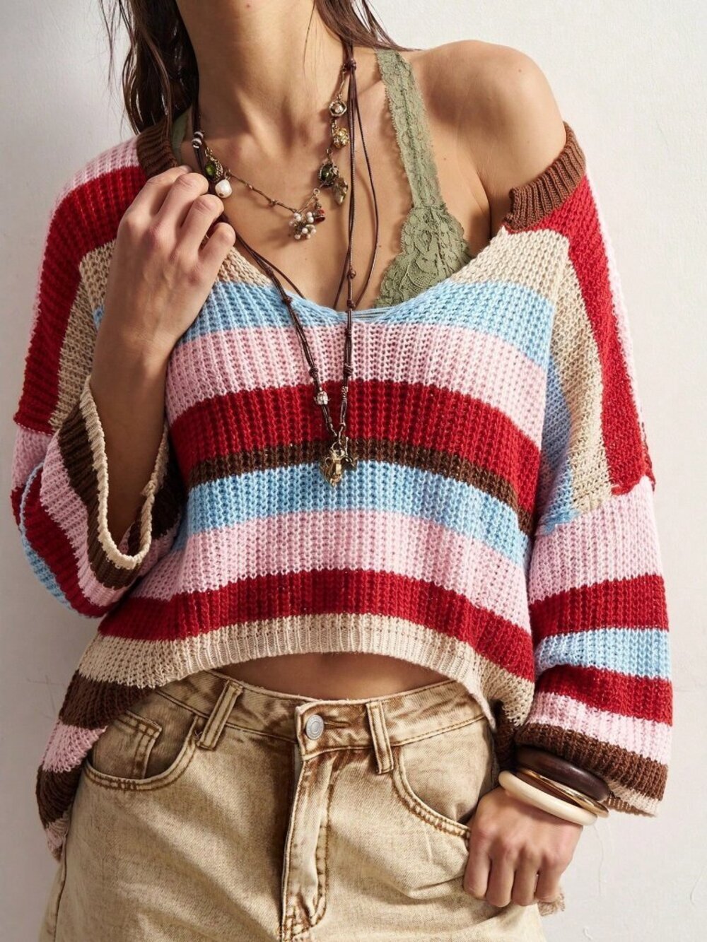 Multicolor Casual Women's Boho Colorblock Striped V-Neck Knit Sweater
